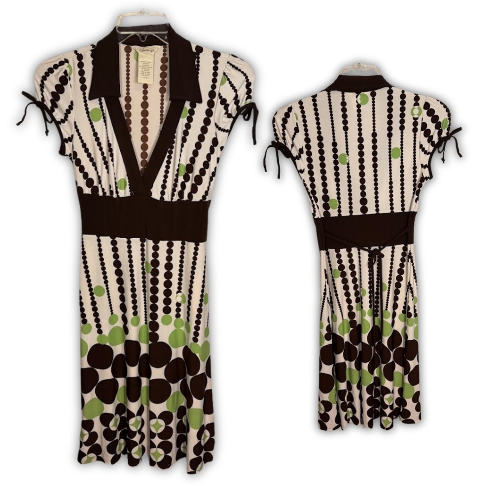 Y2K 2000s M Brown Green Polka Dot Collared‎ Babydoll Preppy School 2006